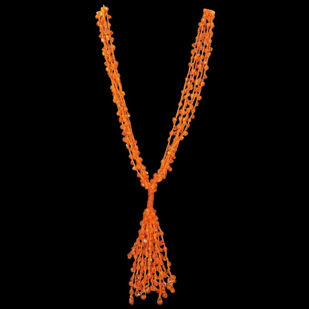 Vintage Orange Bead Necklace with a Tassel  Acrylic Bicone and Bugle Beads